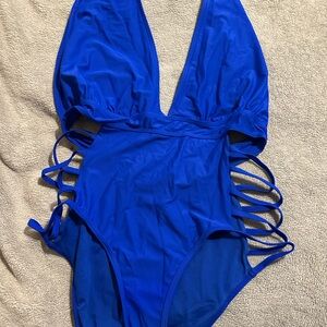 Royal Blue Cut-Out One-Piece Swimsuit – Size 16 – Halter, Strappy Sides